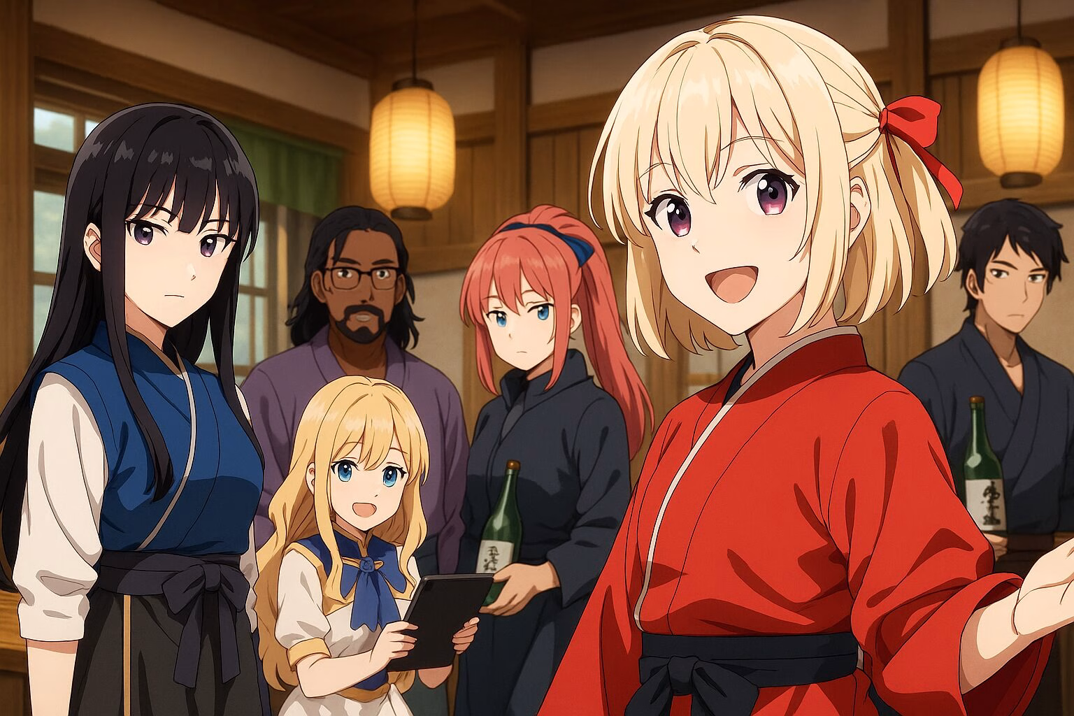 　A vibrant anime-style group scene of six original characters inside a cozy Japanese café, inspired by Lycoris Recoil Recollect. One girl in a red kimono-like uniform smiles at the front, with others in colorful outfits behind her in a warm, wooden interior.